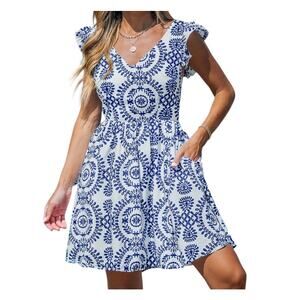 Cupshe Blue & White Ornate Flutter Sleeve V-Neck Mini Dress Size L